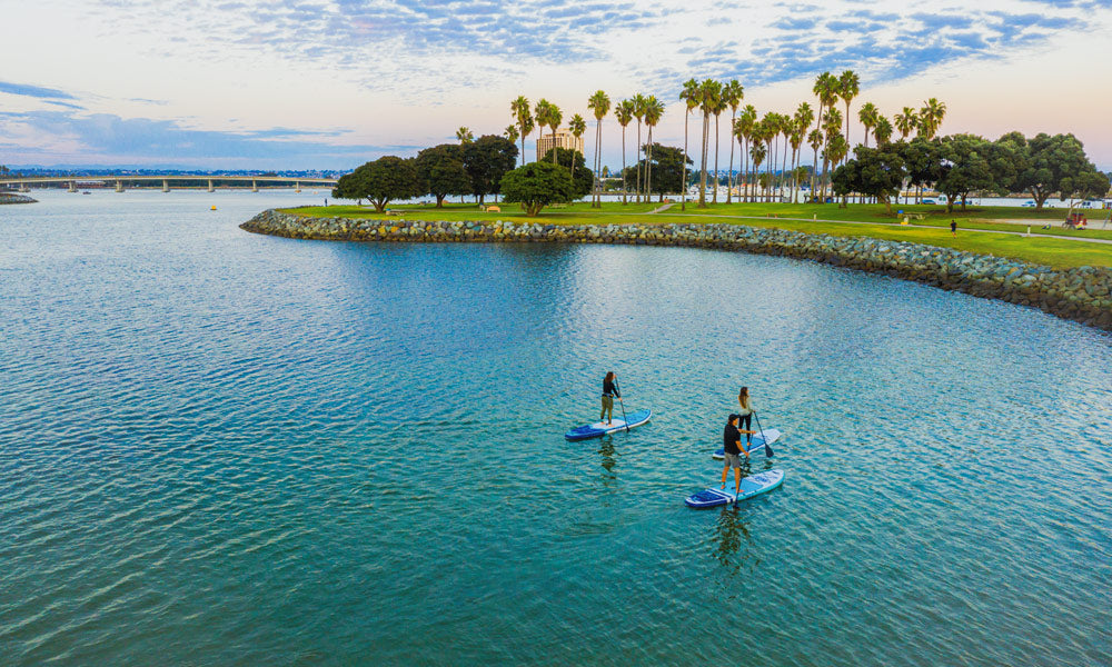 drone shot of paddle boarders